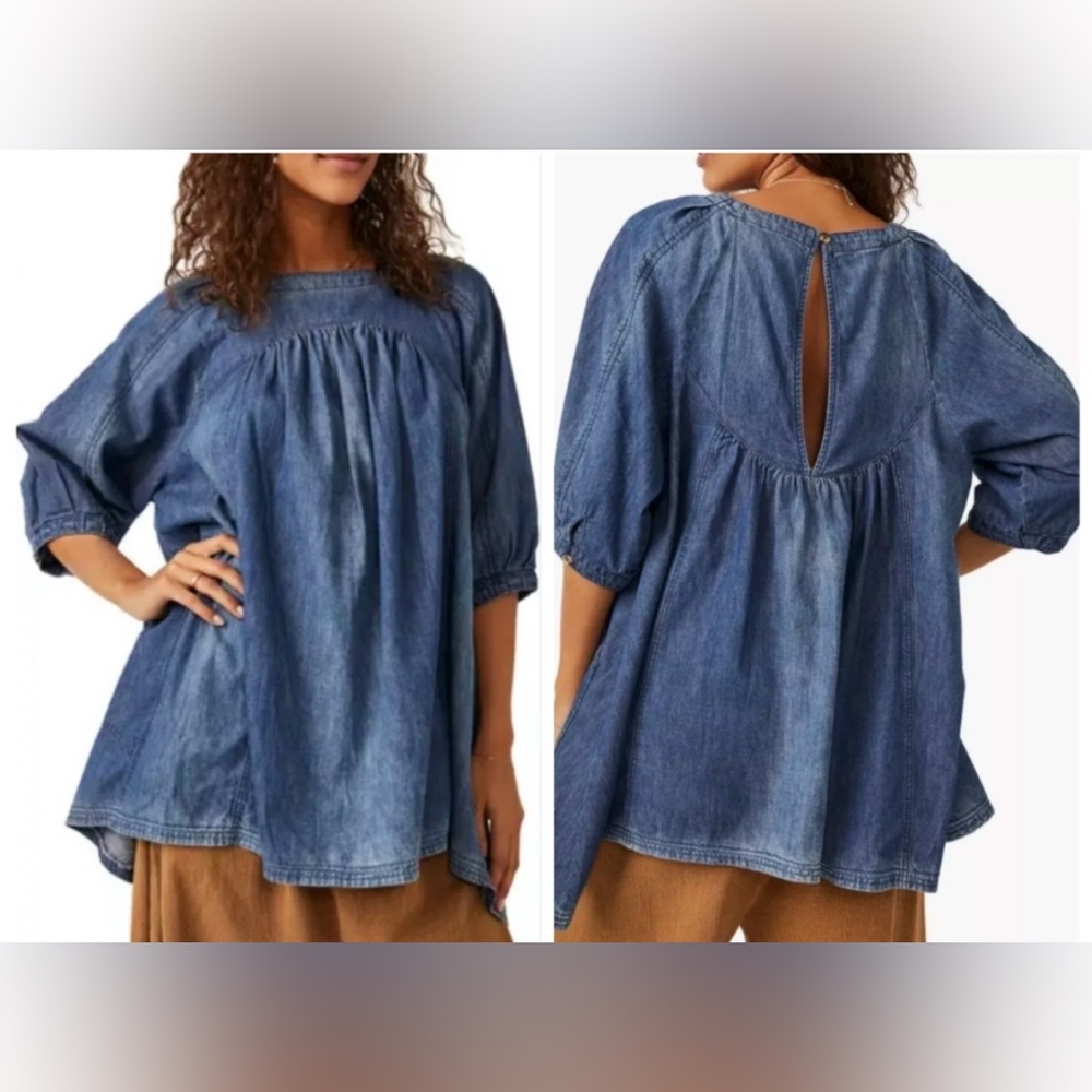 Free People Washed Denim Peasant Blouse - Blue